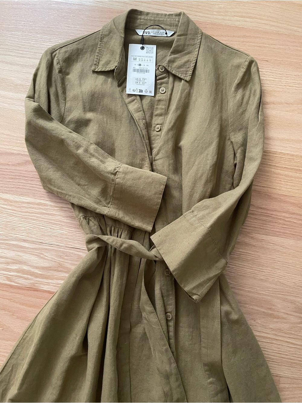 NEW Zara Olive Button-Front linen Shirt Dress with Waist Tie - Picture 4 of 4